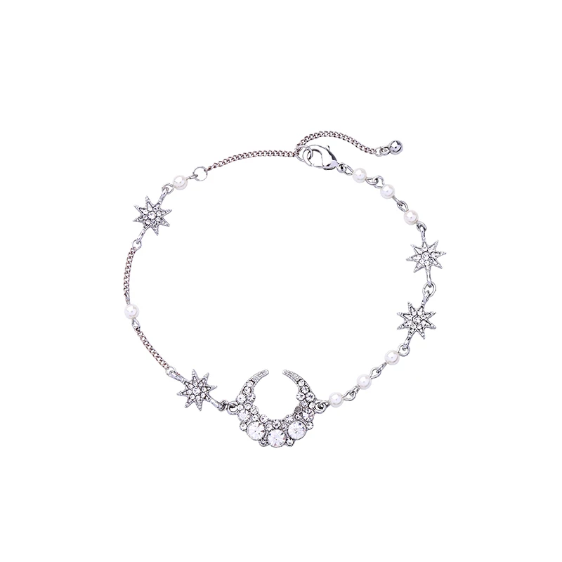 Kissme изысканные Кристальные акриловые жемчужные браслеты в форме звезды и Луны для женщин, подарки, двухцветные браслеты с подвесками, модные аксессуары - Окраска металла: Rhodium Color