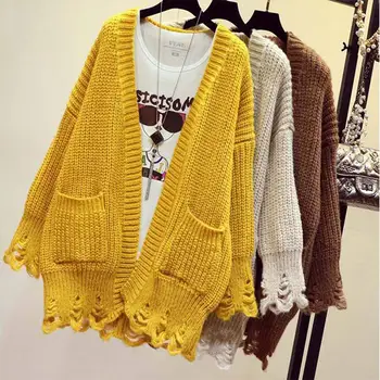 

2019 Autumn Winter Women Solid Hole Oversize Knitted Cardigan Sweater Coat Female Korean Style Open Stitch Casaco Feminino K34