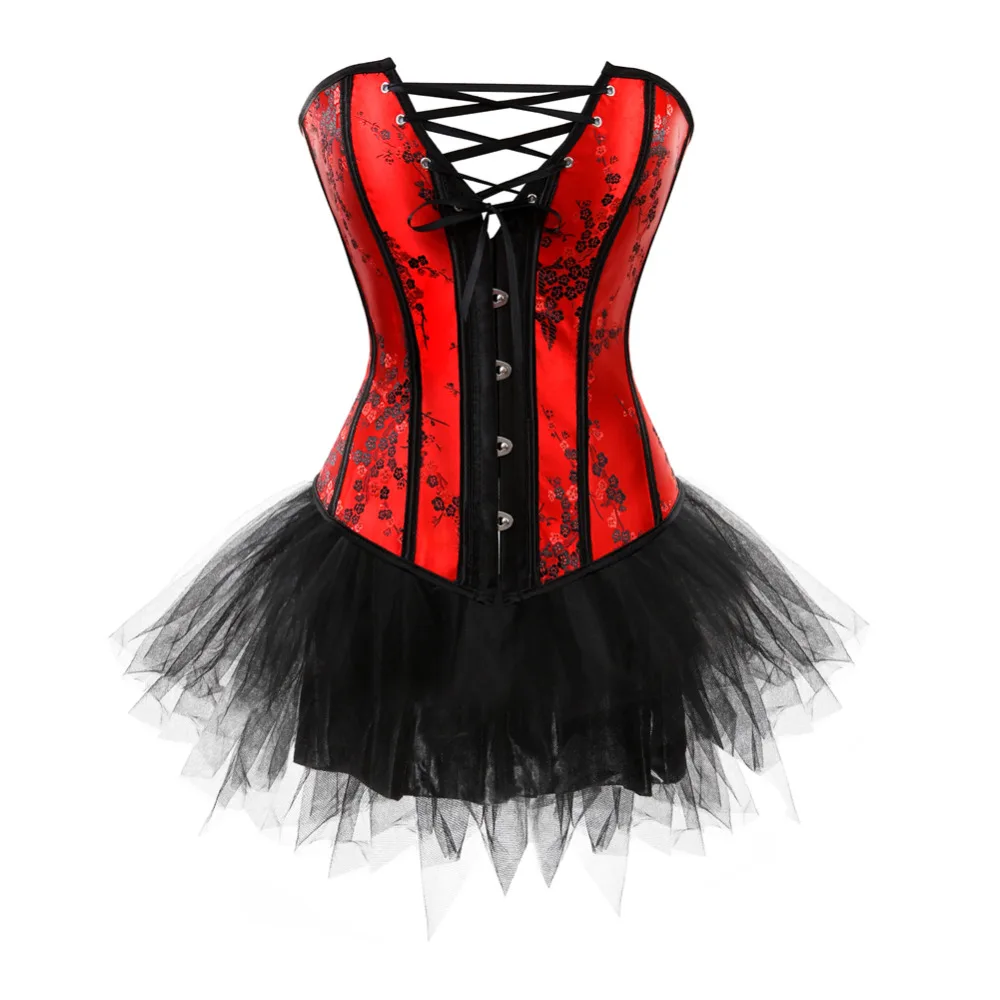 

red jacquard floral plum corset lace up boned wedding short skirt and bustier body shaper lingerie.