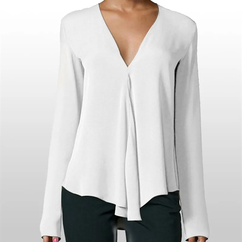 Plus Size S-6XL Casual V-neck Women Chiffon Top and Blouses Solid Color Long Sleeve Female Shirt |