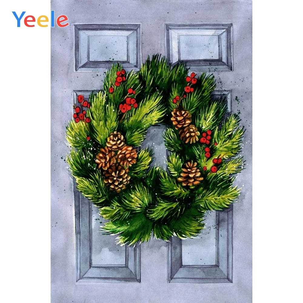 

Yeele Christmas Photographic Backgrounds Pine Branch Pine Cone Retro Door Photography Backdrops Personalized For Photo Studio