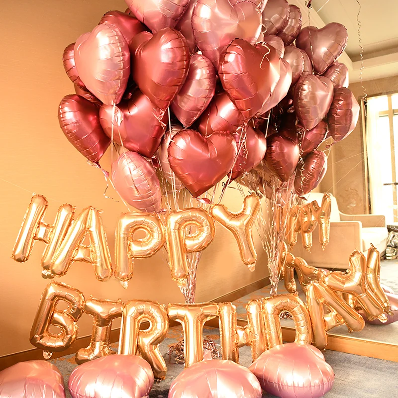 

Anniversary Ballon Birthday Party Decorations Adult Wine red Pink Metallic Heart Foil Balloon Set Rose Gold Happy Birthday Kit