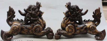 

RHS0176 Chinese Bronze Gilt Wealth Yuanbao Fengshui Guardian Dragon Pi Xiu Statue Pair