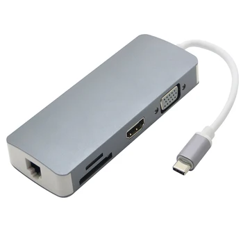 

5pcs/lot 8 in 1 Combo USB-C USB 3.1 Type C to HDMI 4K VGA RJ45 Lan Type C PD Charging Adapter SD/TF Card Reader Hub for Macbook