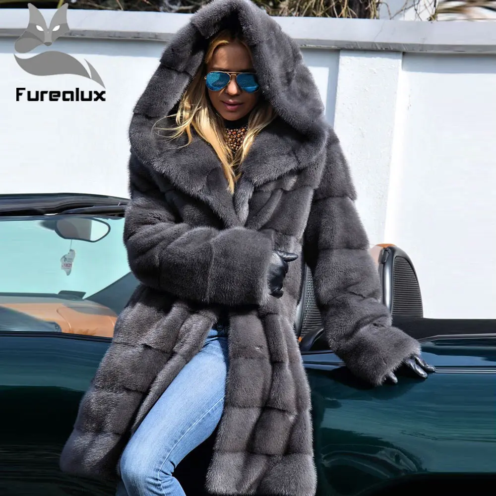 

Furealux 2019 New Style Real Mink Fur Coat Winter Thick Warm Natural Fur Women With Hood Luxury Female Mink Fur Jacket