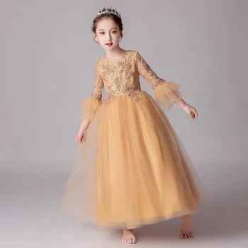 

Good-Quality Kids Children Elegant Appliques Flowers Sequined Birthday Wedding Party Princess Dress Girls Teens Host Long Dress