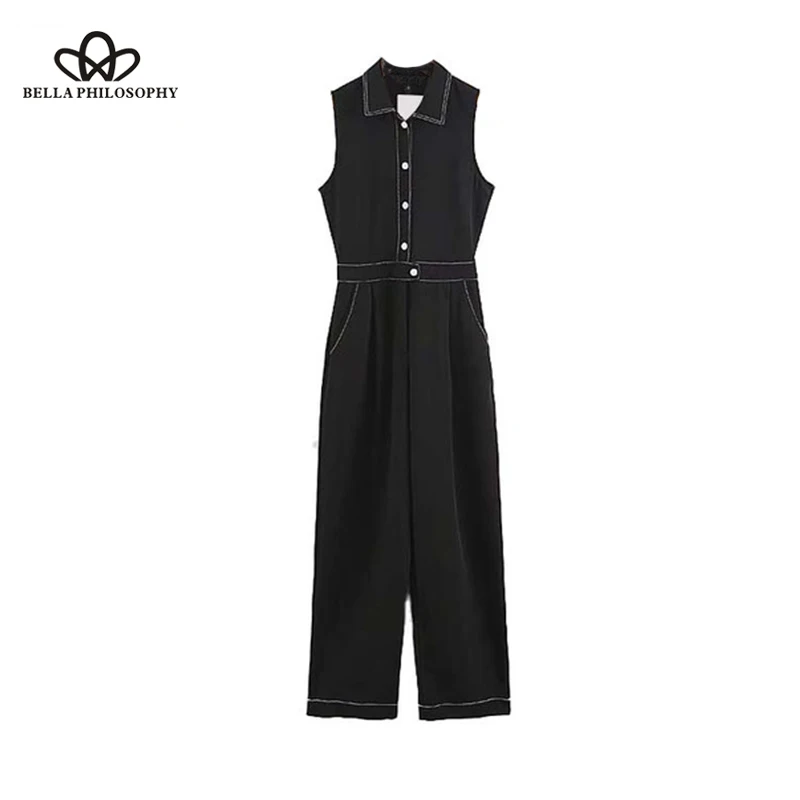 Bella Philosophy women vintage sleeveless jumpsuits turn down collar