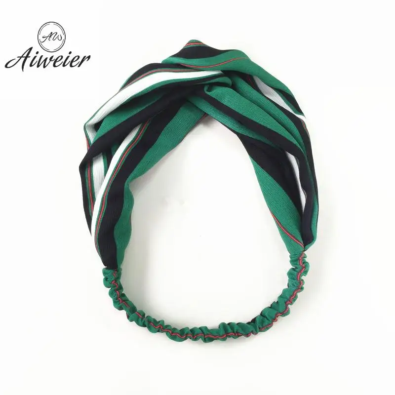 [Aiweier] Womens Hairpins Green Striped Retro Elastic Hairbands Headband Accessories Cross Adult Clip Bandana For Females KL5894