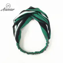 [Aiweier] Womens Hairpins Green Striped Retro Elastic Hairbands Headband Accessories Cross Adult Clip Bandana For Females KL5894