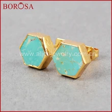 BOROSA 5 пар Высококачественная Шестигранная форма натуральная бирюза серьги-гвоздики модные природные драгоценные камни серьги для женщин как подарки G0611