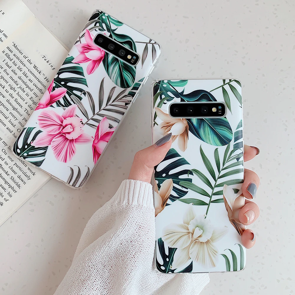 

Retro Flower & Leaf Phone Cases For Samsung Galaxy A50 A40 A70 S8 S9 S10 Plus S10e Soft IMD Shockproof Phone Back Cover