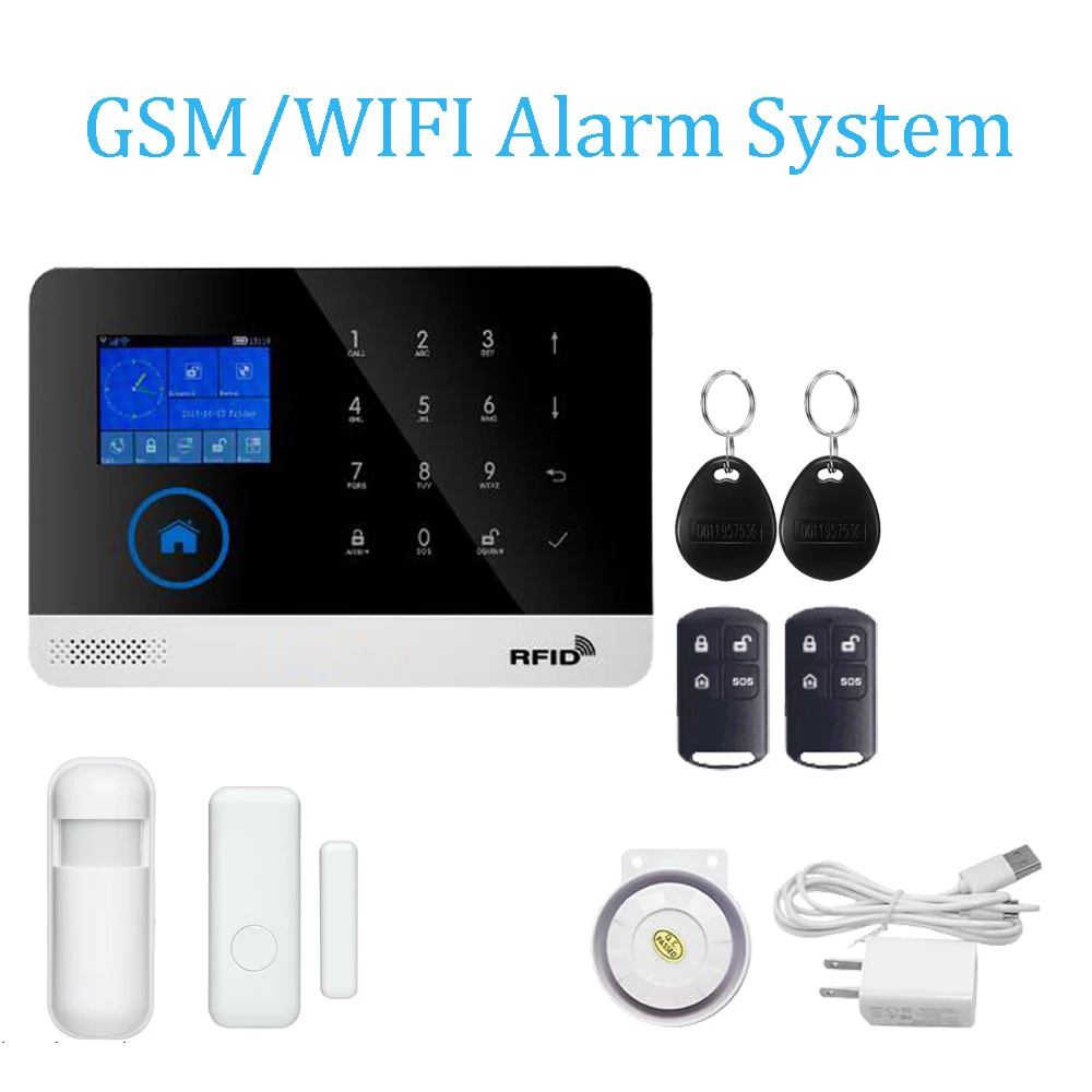 

433MHz Wireless GSM Alarm system SIM RFID Card WIFI app control Smoke Sensor door contact open alarm gas leak Touch keypad