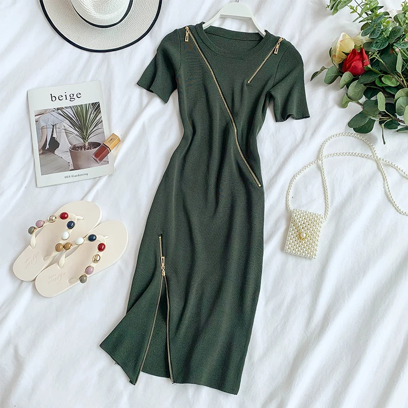 

Vintage 2019 Ladies Slim Zipper Knit Bodycon Summer Midi Dress Party Women Casual Knee Length Elegant Sheath Pencil Vestidos