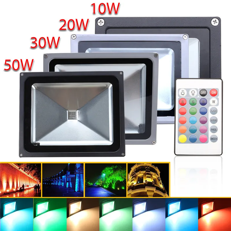 

10 20 30 50W RGBW LED Flood light Outdoor Garden Waterproof LED Floodlamp with 24 key Remote Control Color Changing AC85-265V