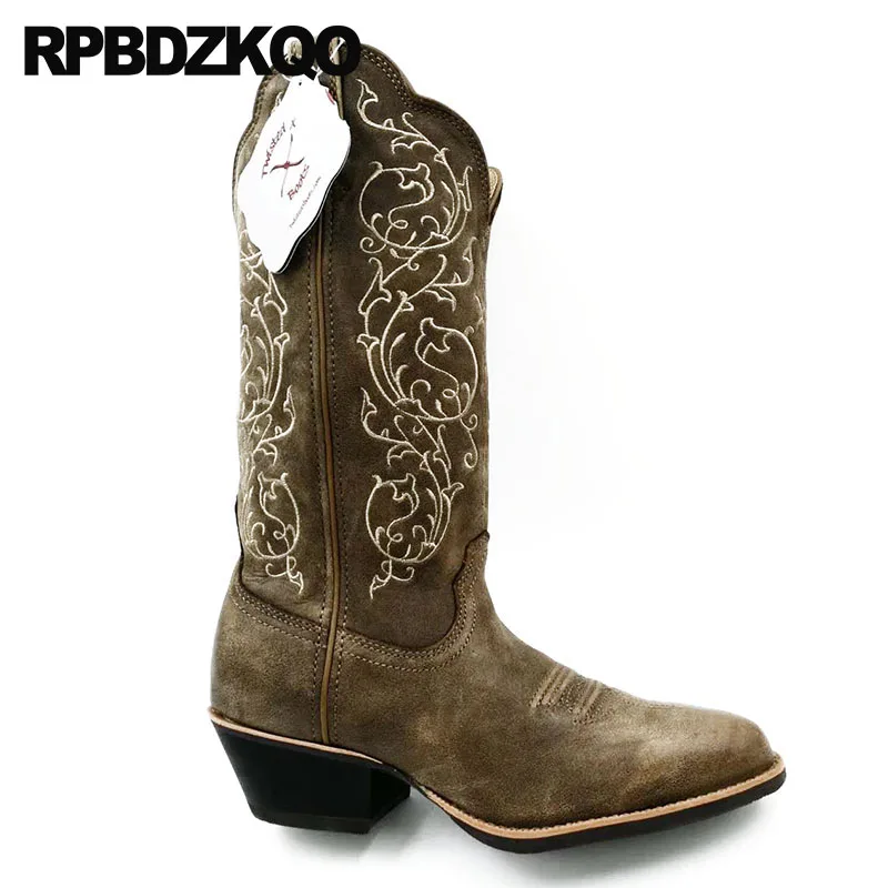 Western Fleur Cuir Brodé Marron girl Pointu De Chunky Bottes mollet En Bout Grand Haute Cowboy Cow Qualité Véritable Mi Chaussures Pleine Hommes QCthrsdx
