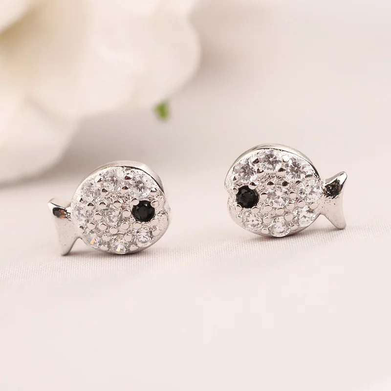 Pure 925 Sterling Silver Earrings Cute Fish Stud Earrings For Women