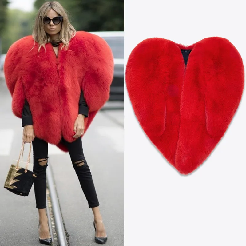 Brand Rihanna Red Heart Faux Fur Coat Ladies Fashion Kendall Jenner
