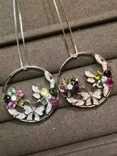 natural multicolor tourmaline pendant S925 silver Natural gemstone Pendant Necklace Luxury flower butterfly women party jewelry