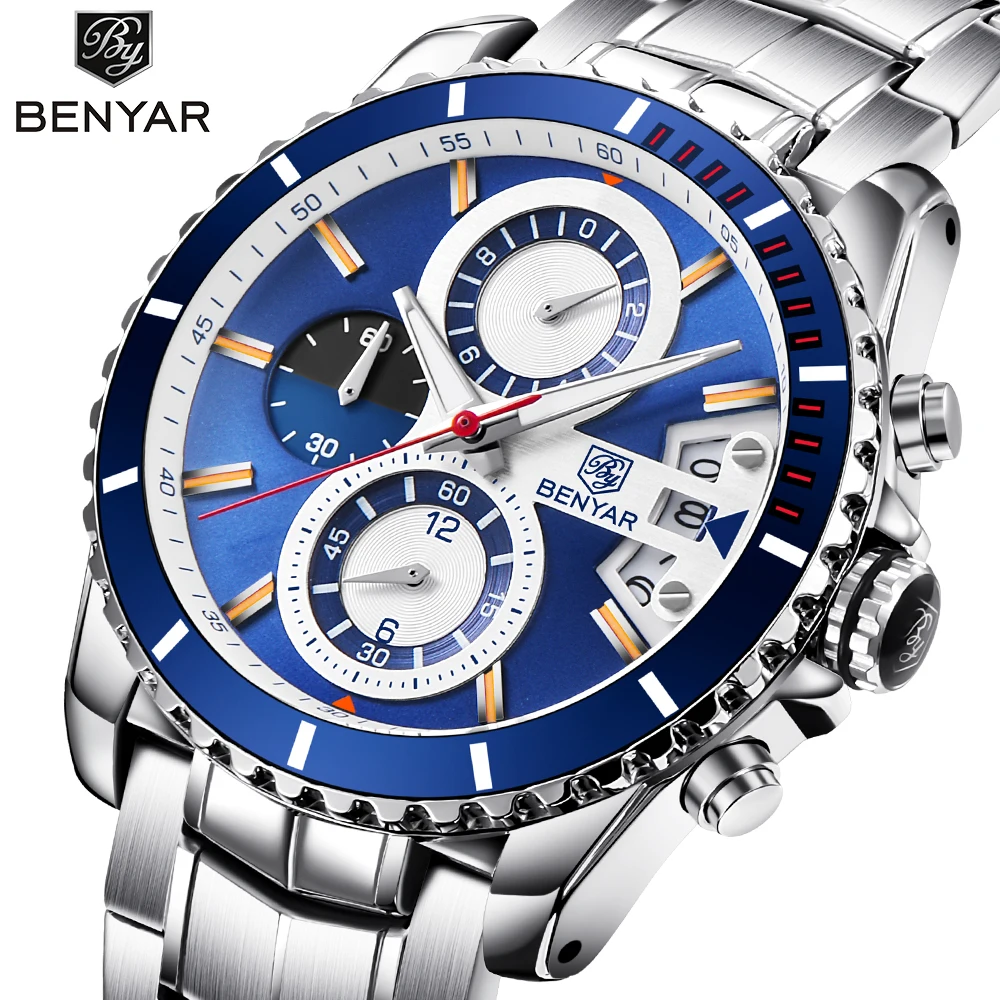 New Brand BENYAR Luxury Chronograph Sport Mens Watches Fashion Military Waterproof Quartz Watch Relogio Masculino Dropshipping 2018 new benyar sport chronograph fashion watches men waterproof luxury brand quartz moon phase watch clock saat dropshipping