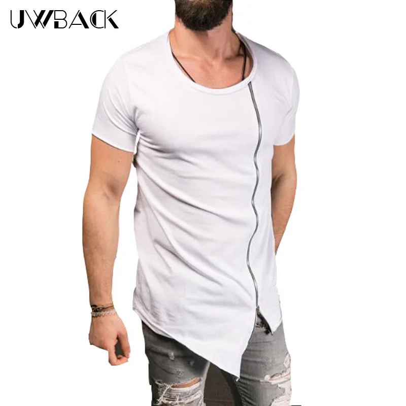 

Uwback 2018 Long T shirts Men Asymmetrical Side Zipper Fit Tops Casual Short Sleeve T-shirt Male Hip Hop Summer Cool Tees CAA522
