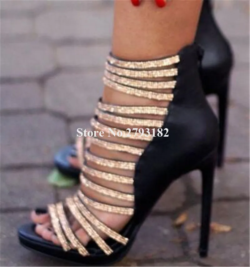 

Women Bling Bling Open Toe Stiletto Heel Sequined Straps Gladiator Sandals Back Zipper-up Cut-out High Heel Sandals Dress Shoes