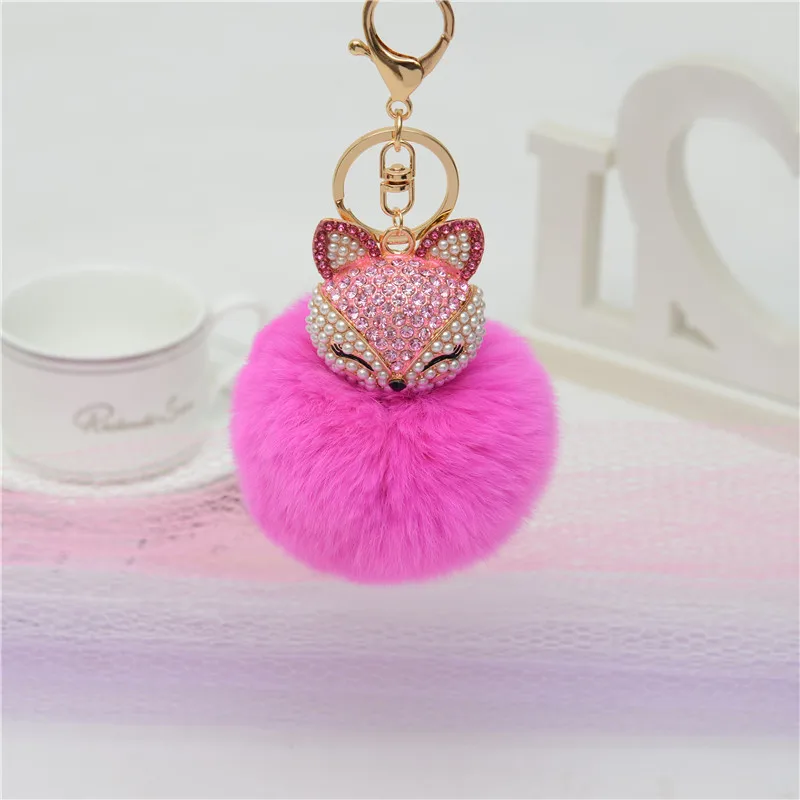 

2018 New Artificial Rabbit Fur Ball Keychain Fox For Head Inlay Rhinestone Car Key Chain Handbag Key Ring Delicate Gift