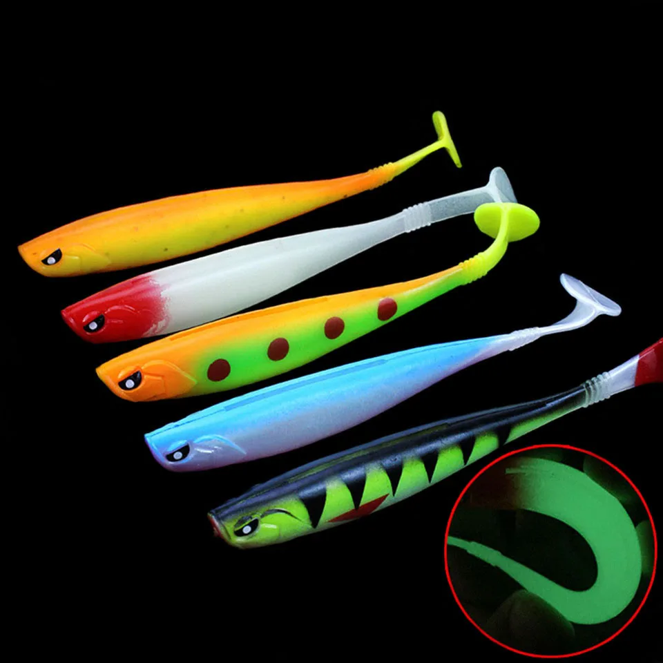  1PCS T-Tail Soft Bait Fishing Artificial Worm Lures Alien Eyes Glow 12cm/10g Silicone Bass Pike Min