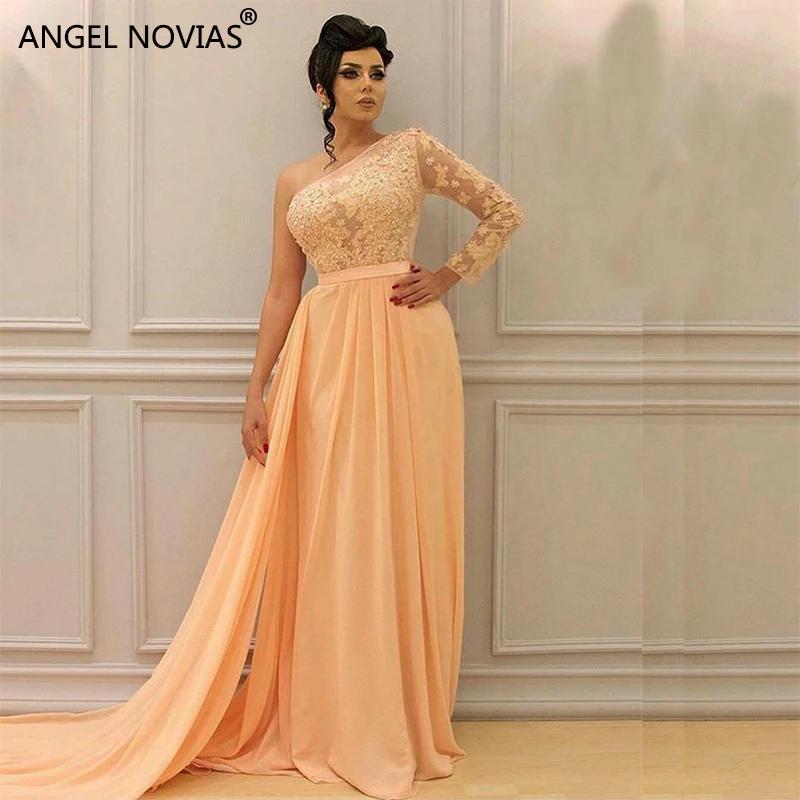 

ANGEL NOVIAS Long One Shoulder Yellow Chiffon Arabic Evening Dress 2018 Formal Gowns 2018 with Flying Sash Vestido Sirena Largo