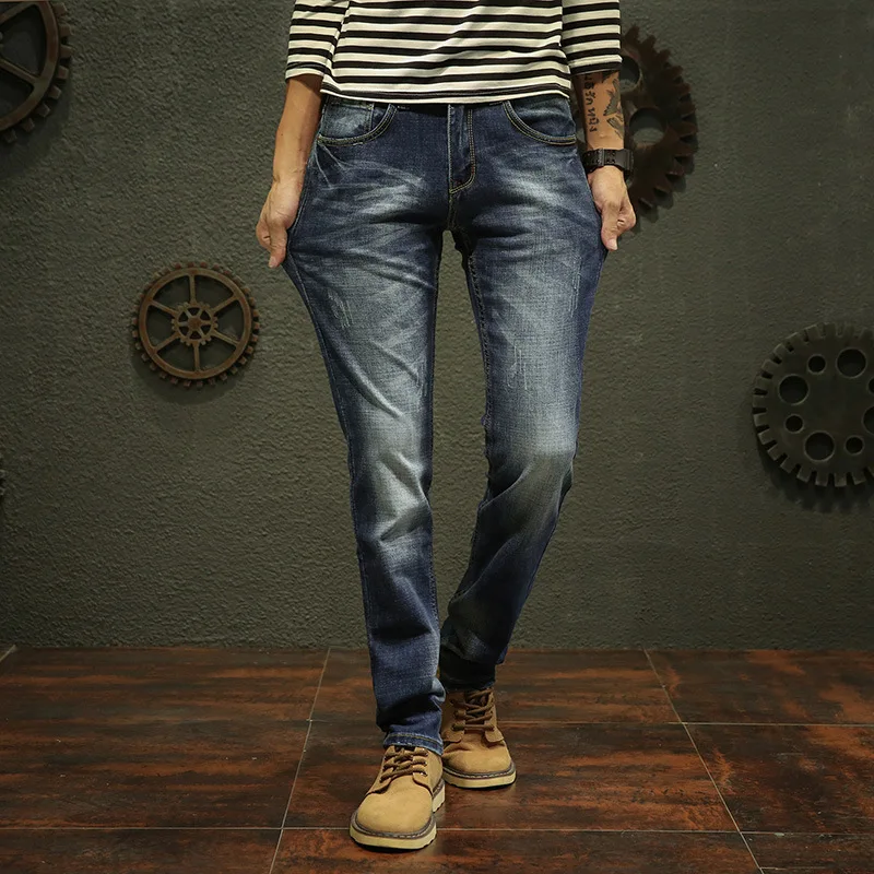 Для мужчин повседневное Slim Fit Длинные прямые джинсы высокая стрейч модные джинсы человек легкий классический бизнес AA11461