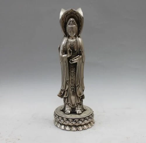 

Tibet White Copper Silver Lotus throne Three sides Kwan-yin Bodhisattva Statue