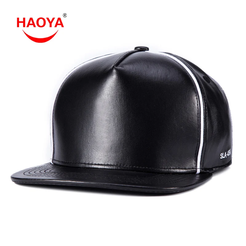 

HAOYA Fashion Contrast Color Stitching PU Leather Baseball Caps Cool Black Men Flat Eave Hat Hip Hop Cap Unisex Faux Leather Cap