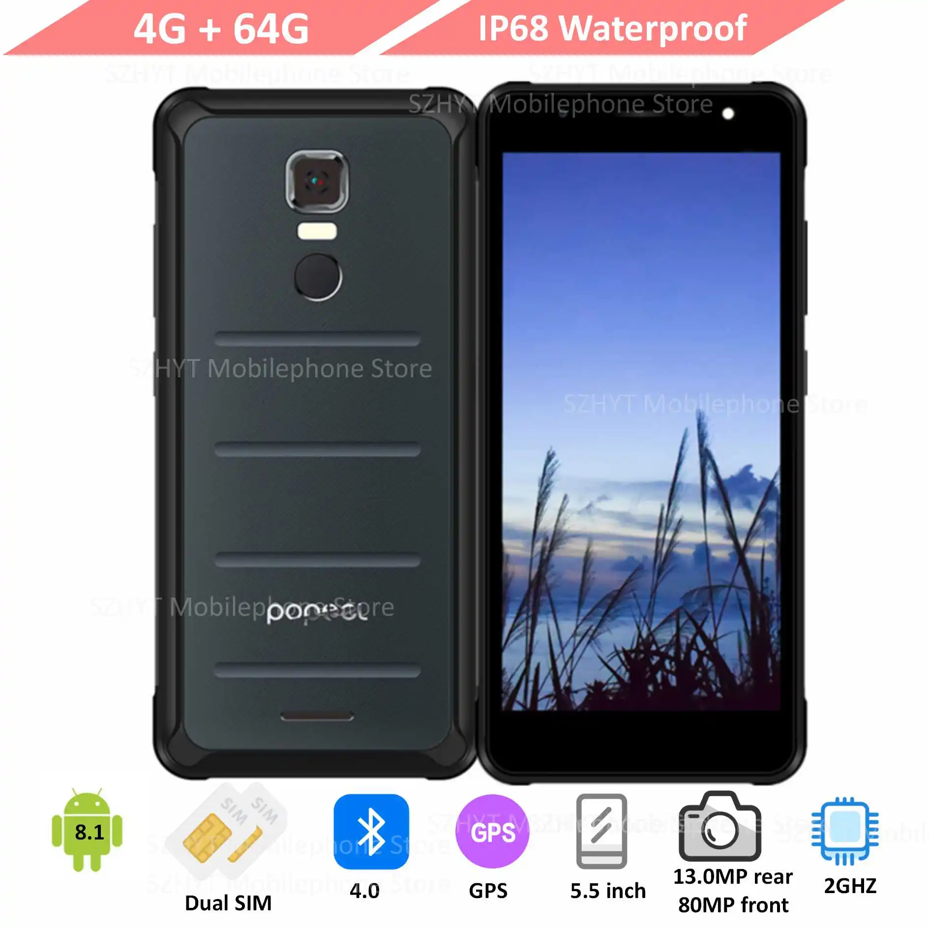 POPTEL P10 IP68 прочный смартфон waterpoof Android 8 1 5 &quot18:9 Helio P23 Octa core 4 ГБ 64 NFC OTG 3600 мАч 13MP г LTE