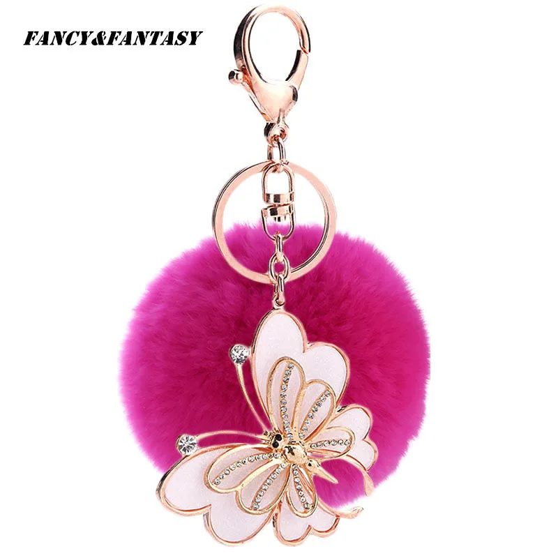 

Fancy&Fantasy New Keychain Pompoms Rabbit Fur Keychain Fluffy Key Chains For Cars Keyrings Trinkets Butterfly Pendant Keychain