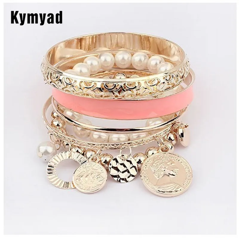 

Kymyad Bracelets & Bangles Sets Women Coins Simulated Pearls Charm Bracelets For Women Bijoux Gold Color Bangle Bracelets Womens