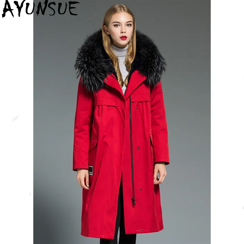

AYUNSUE Natural Rabbit Fur Liner Parka Women Clothes 2019 Autumn Winter Jacket Women Raccoon Fur Collar Long Trench Coat MY3538