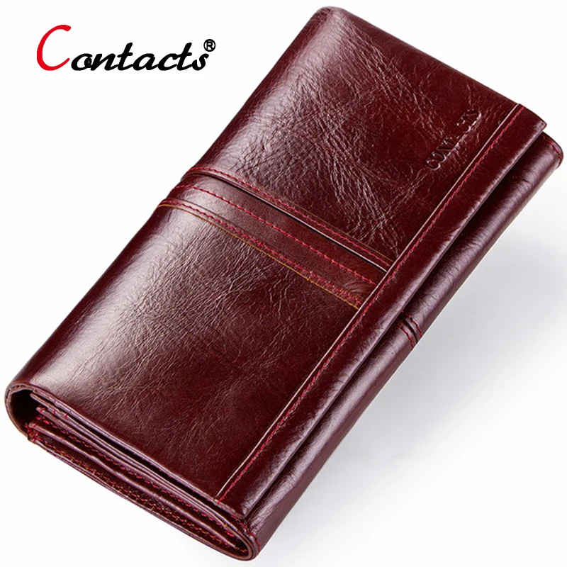 Contact's Genuine Leather Wallet Women Wallet Credit Card Holder Female Purse Organizer Walet Women Clutch Bag Red Green Long