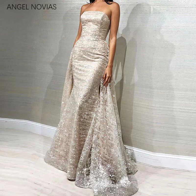 

Floor Length Long Elegant Shiny Silver Women Arabic Evening Dress 2018 with Detachable Skirt Prom Wedding Party Dress