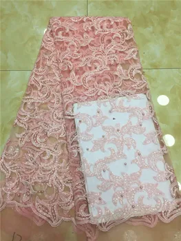 

African French Lace Fabric velvet beads High Quality African Tulle Lace Fabric with sequins 5yards white sequin lace fabric Pink