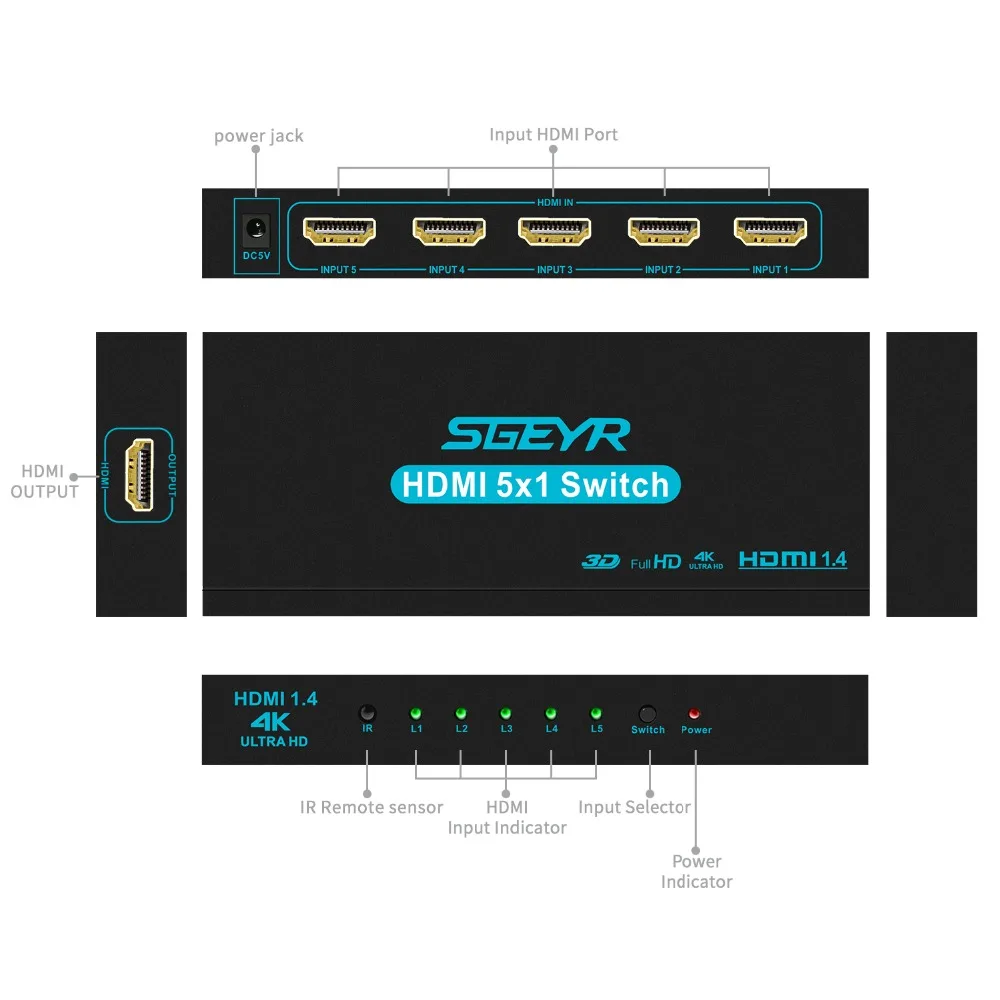 4K 5 Port HDMI Switch 5 In 1 Out Adapter HDCP HDMI Switcher Splitter 1080P connect 5 HD devices to
