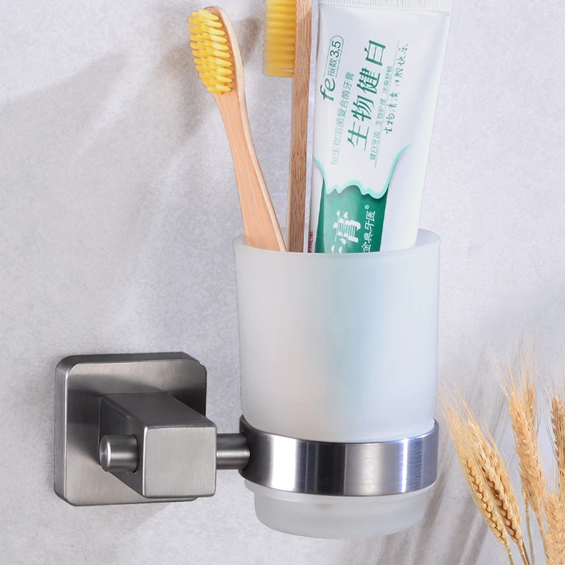 Stainless Steel Cup Tumbler Holders Glass Cup Wall Mounted Toothbrush Tooth Cup Holders Set Storage Shelf Bathroom Accessories