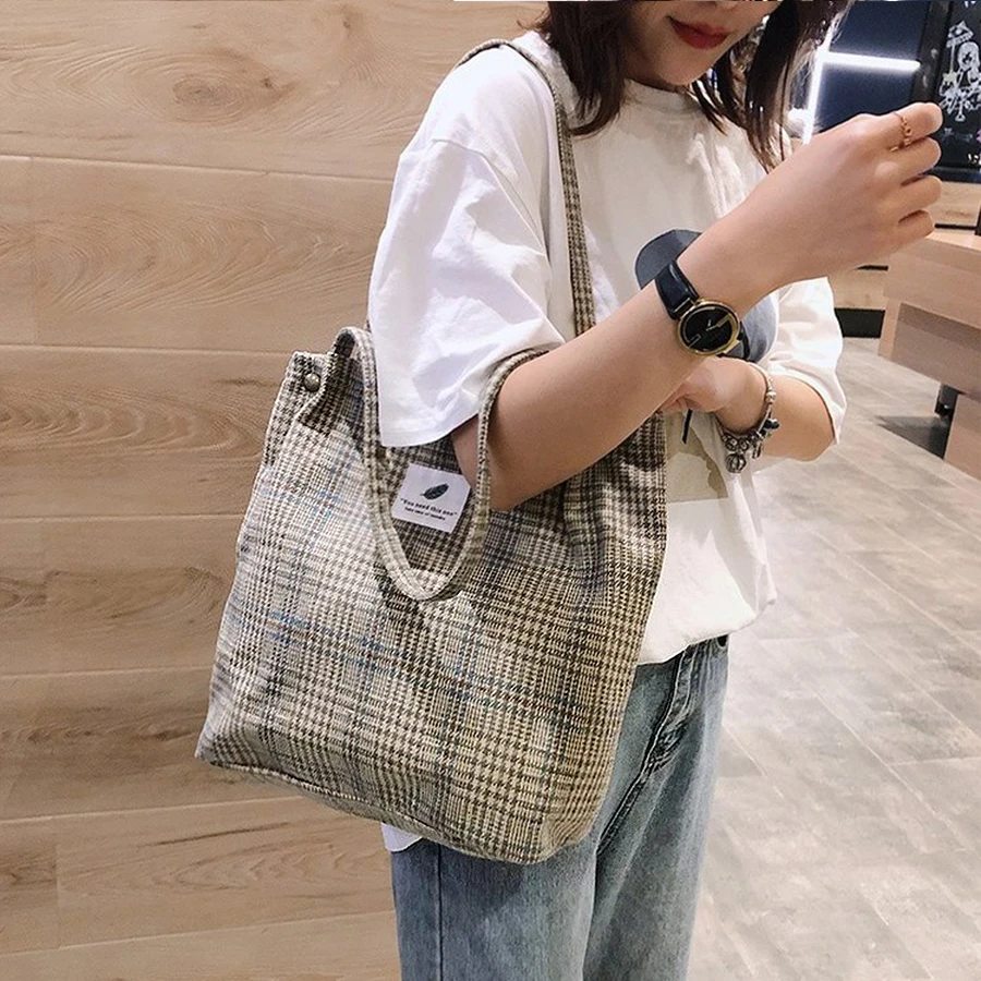 

2019 Women's Bags Woolen Canvas Shoulder Bag Ladies Vintage Tartan Handbags Female Fashion Plaid Tote Cloth Bags For Preppy Girl