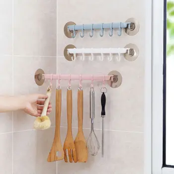 

6 Hooks Self-Adhesive Storage Rack Wall Mounted Hook Wall Rack Coat Towel Hanger Space Saving Organizer For Kitchen Bathroom