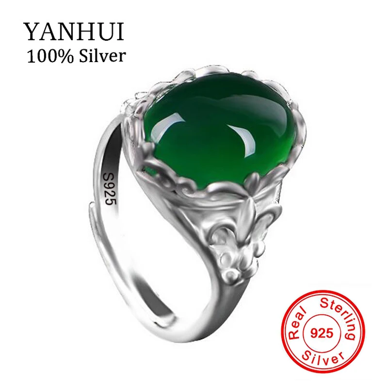

YANHUHI Original New Fashion Ring Silver 925 Jewelry Big Natural Green Crytal Chalcedony Stone Adjustable Rings For Women ZR206