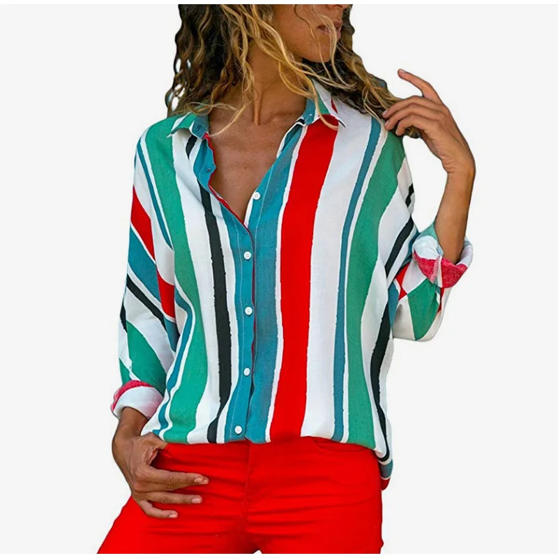 Plus Size Rainbow Striped Feminine Female Blouses Long Sleeve Turn Down Collar Button Women Shirts 2019 Fashion Loose Tops 5XL