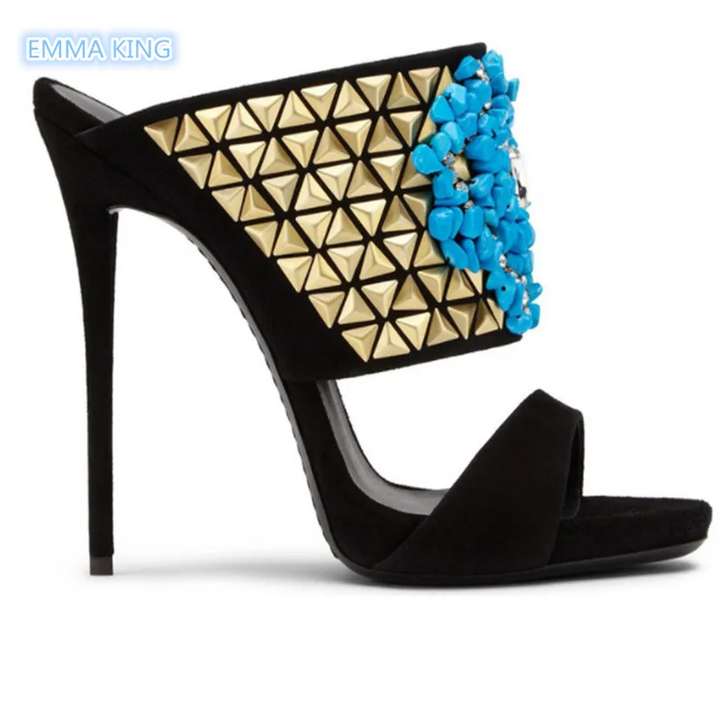 

Fashion Mules High Heels Shoes Women Luxury Crystal Rivets Stiletto Heels Sandals Women Slip On Summer Slippers Tacones Mujer