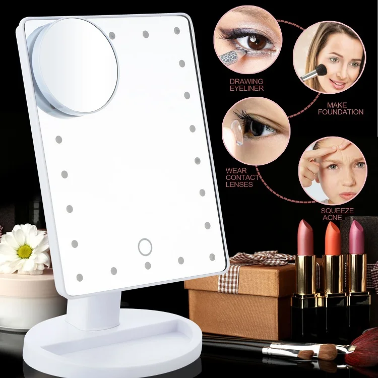 

LED Touch Screen Makeup Mirror Professional Vanity Mirror + 22 LED Lights Health Beauty Adjustable Countertop 180 Rotating
