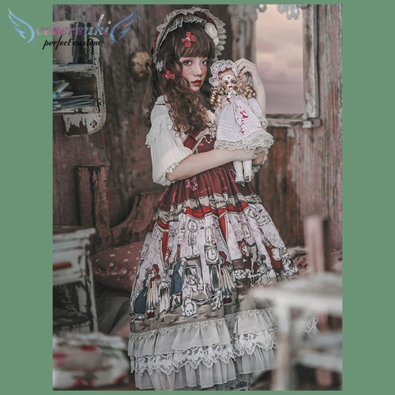Sweet Lolita JSK Jumper Skirt Infanta Sleeveless Chiffon Ruffles Fairytale Printed Dark Brown Dress With Bowknot!Newest! | Тематическая