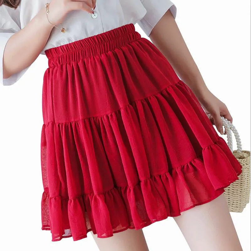 Милые летние шифоновые мини-юбки для девочек плиссированные Многослойные короткие юбки с оборками, большие размеры, M-7XL, красный, желтый, черный, белый - Цвет: Красный