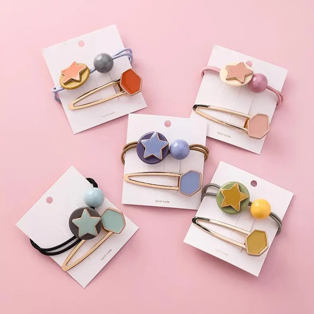 

2019 New 2PCS Sweet Candy Color Scrunchie Hair Clip Set For Children Badge Star Elastic Bands Girls Rubber Bands Hair Accessory