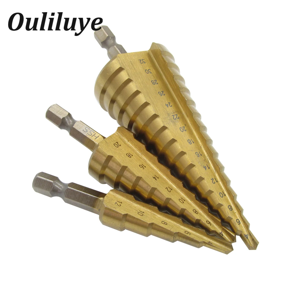 

3PCS 4-32 mm HSS Titanium Coated Step Drill Bit Drilling Power Tools for Metal High Speed Steel Wood Hole Cutter Step Cone Drill